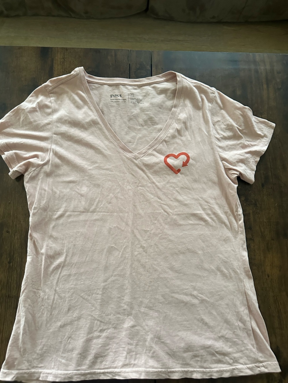 Pact Pale Pink V-Neck Tee with Interior Logo Print